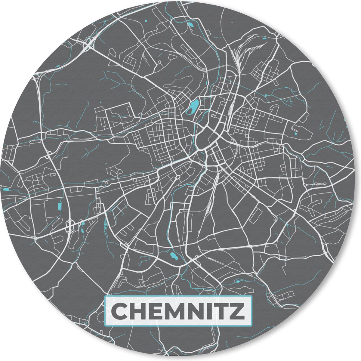 Muismat rond 20x20 cm - Mousepad Kaart – Plattegrond – Stadskaart – Chemnitz – Duitsland – Blauw - Ronde muismatten - Stadskaart