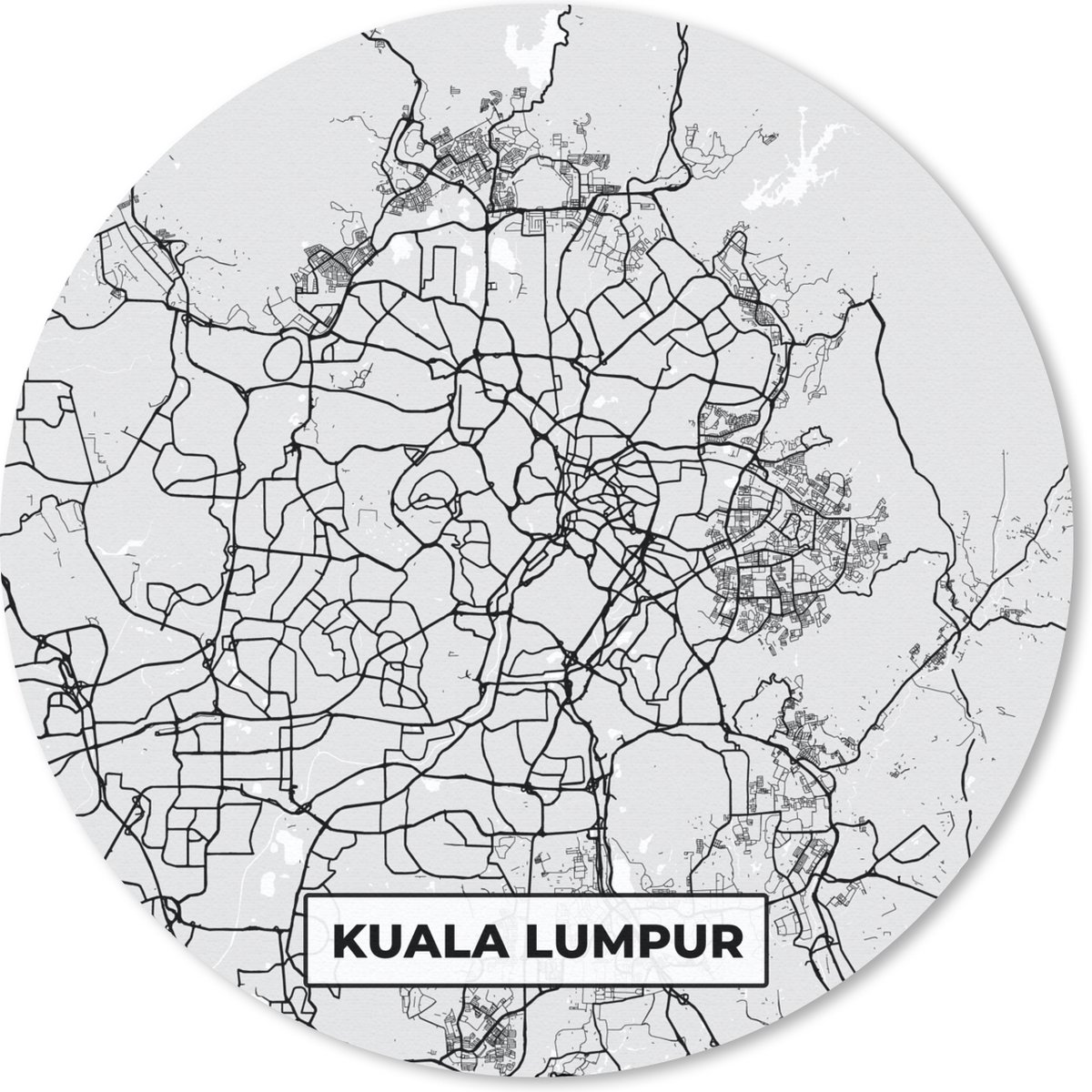 Muismat rond 40x40 cm - Mousepad Kaart - Kuala Lumpur - Stadskaart - Plattegrond - Zwart Wit - Ronde muismatten - Stadskaart
