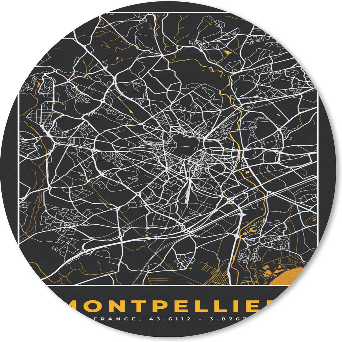 Muismat rond 30x30 cm - Mousepad Frankrijk – Montpellier – Stadskaart – Plattegrond – Kaart - Ronde muismatten - Stadskaart