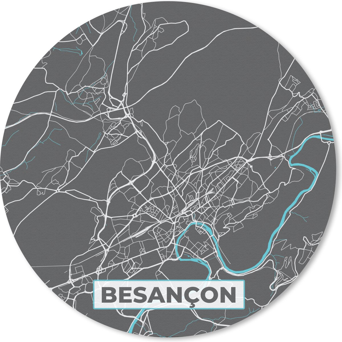 Muismat rond 40x40 cm - Mousepad Besançon - Frankrijk - Plattegrond - Kaart - Stadskaart - Ronde muismatten - Stadskaart