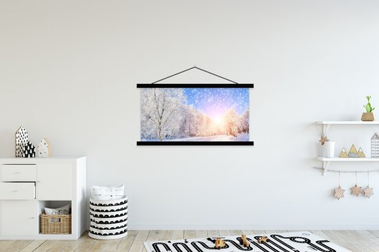Porte-affiche avec affiche - Affiche scolaire - Neige - Soleil - Hiver - 120x60 cm - Lattes noires