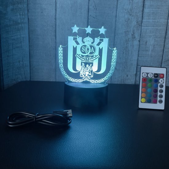 Klarigo®️ Veilleuse - Lampe LED 3D Illusion - 16 Couleurs - Lampe de Bureau - RSC Anderlecht - Voetbal - Veilleuse Enfants - Lampe Creative - Télécommande