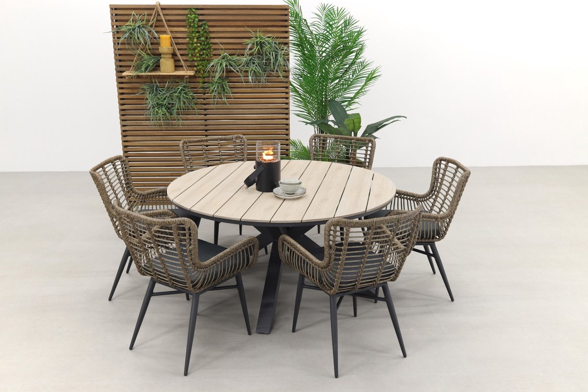 Jasmine Naturel/GI Edison 6-persoons ronde dining tuinset Ø148 cm.
