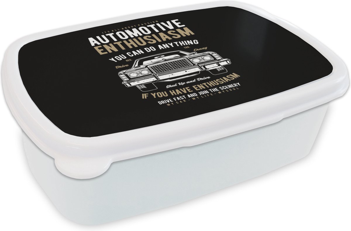 Broodtrommel Wit - Lunchbox - Brooddoos - Mancave - Auto - Retro - Spreuken - 18x12x6 cm - Volwassenen