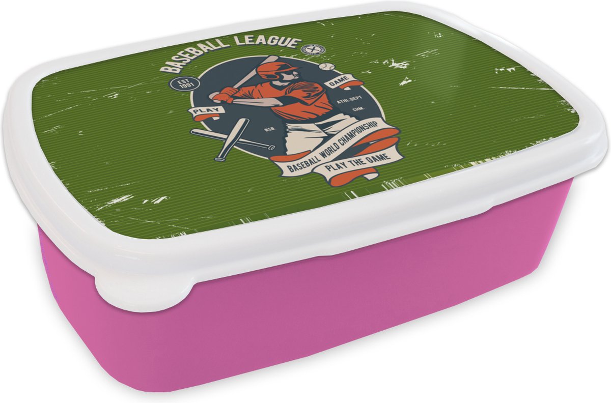Broodtrommel Roze - Lunchbox - Brooddoos - Baseball - Honkbal - Retro - 18x12x6 cm - Kinderen - Meisje