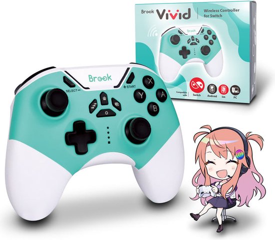 Aqua blauwe en witte Brook gamecontroller naast de verpakking. Anime-meisje met koptelefoon houdt controller vast.