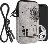 kwmobile Tasje voor smartphones L - 6,5" - Hoesje van vilt in zwart / lichtgrijs - Phone case met nekkoord - Paardenbloemen Liefde design