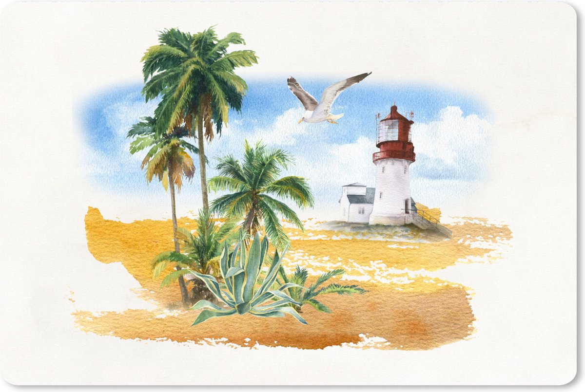 Muismat XXL 90x60 cm - Bureau onderlegger - Bureau mat Vuurtoren - Palmboom - Strand - Bureaumat - Gaming mousepad xl - Bureaulegger groot - Computer deskmat