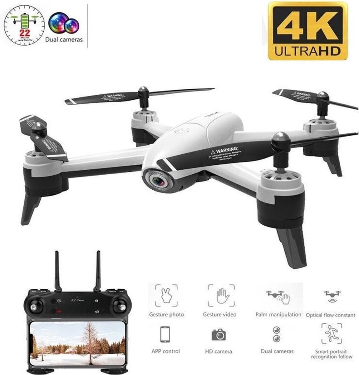 LUXWALLET SG-ProX - Camera Drone Beginner / Kids - 4K WiFi - Volg Functie - Geen vliegbewijs nodig - 2x Accu - Wit