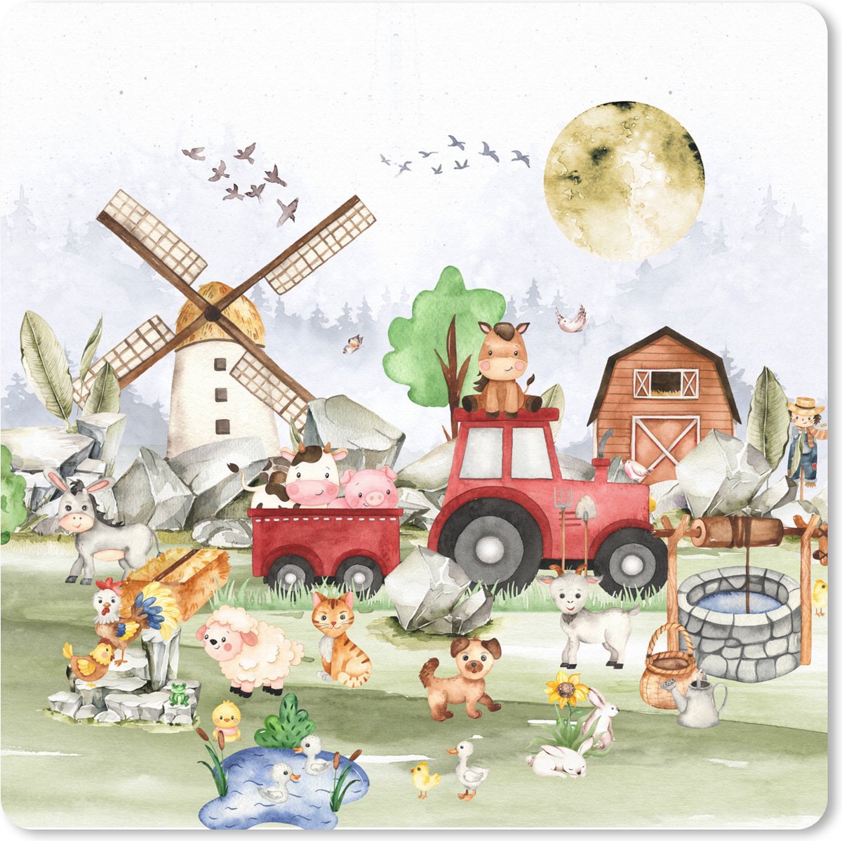Muismat XXL 40x40 cm - Bureau onderlegger - Bureau mat Boerderij - Trekker - Kinderen - Dieren - Bureaumat - Gaming mousepad xl - Bureaulegger groot - Computer deskmat