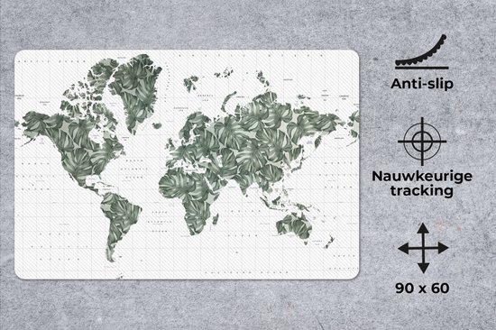 Tapis de souris XXL - Sous-main - Tapis de bureau - Wereldkaart - Feuilles - Tropical - 90x60 cm - Tapis de souris XXL