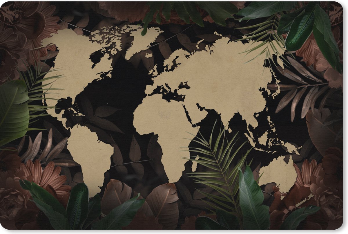 Muismat XXL 120x80 cm - Bureau onderlegger - Bureau mat Wereldkaart - Zwart - Tropische Planten - Bureaumat - Gaming mousepad xl - Bureaulegger groot - Computer deskmat
