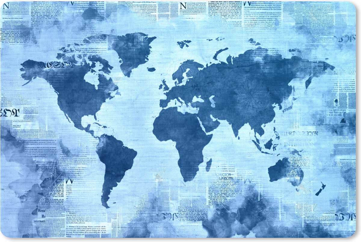 Muismat XXL 90x60 cm - Bureau onderlegger - Bureau mat Wereldkaart - Blauw - Krant - Bureaumat - Gaming mousepad xl - Bureaulegger groot - Computer deskmat