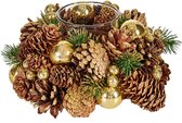 Krist+ kerststukje kaarsenhouder - bruin/goud - 18 cm - kaarsjes branden tafel decoratie