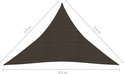 Driehoekig bruin zonnezeil met afmetingen: 3,5m, 3,5m, 4,9m.