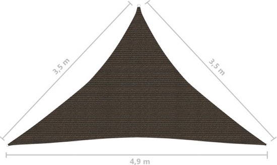 Driehoekig bruin zonnezeil met afmetingen: 3,5m, 3,5m, 4,9m.