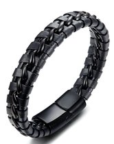 Malinsi Armband heren - Zwart - Gevlochten RVS Leer - Armbandje Mannen 21 cm - Cadeau voor Man - Vaderdag Armbandjes - Geschenk - Verjaardag