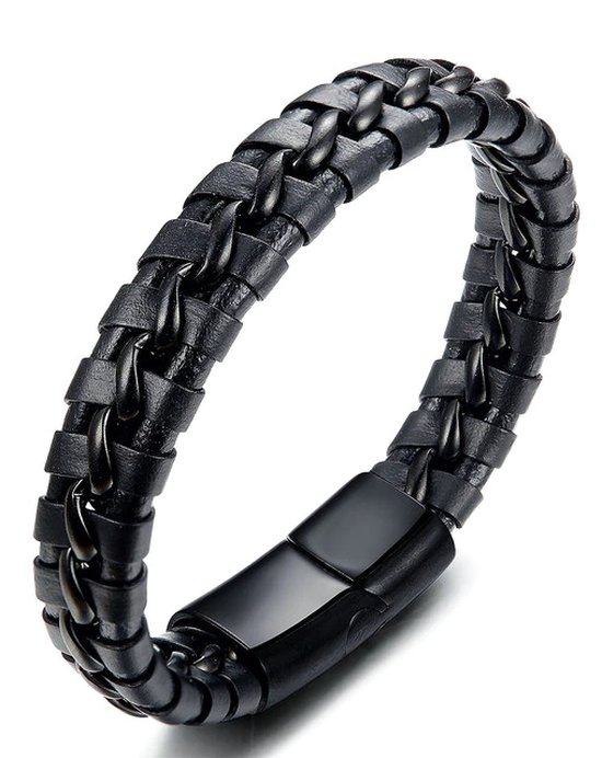 Malinsi Bracelet Homme - Zwart - Cuir Tressé Acier Inoxydable - Bracelet Homme 21 cm - Cadeau Mari - Bracelets Vaderdag - Cadeau - Anniversaire