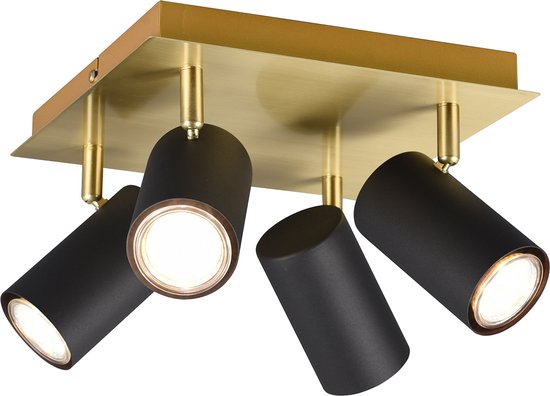LED Plafondspot - Torna Milona - GU10 Fitting - 4-lichts - Rond - Mat Zwart/Goud - Aluminium