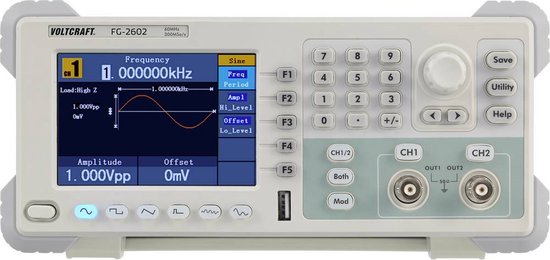 VOLTCRAFT FG-2602 Functiegenerator 1 µHz – 60 MHz 2-kanaals Arbitrair, Ruis, Puls, Blok, Sinus, Driehoek, Signaal