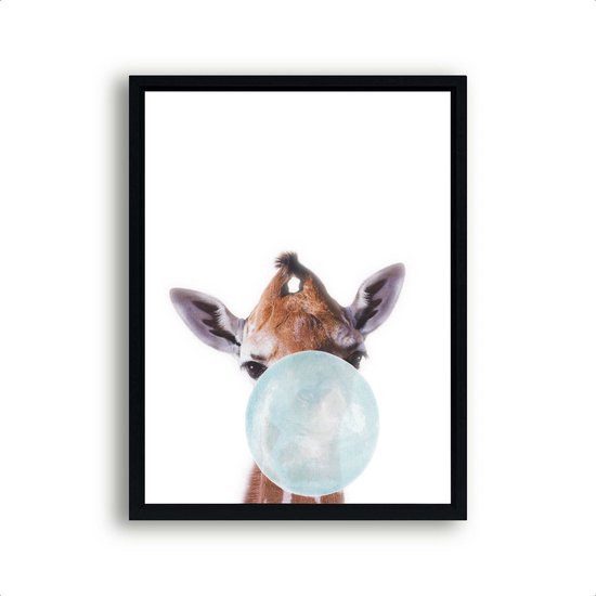 Poster Jungle giraf met blauwe kauwgom - Jungle dieren / Kauwgombel / 30x21cm