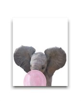 Tableau Éléphant de la jungle avec chewing-gum rose - Animaux de la jungle / Bubble-gum / 40x30cm