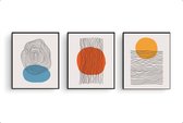 Poster Set 3 Abstracte lijnen kunst zon met mist en water / Lijnen / 70x50cm