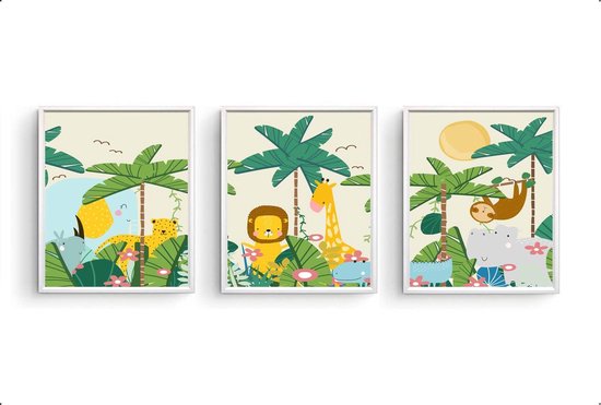 Poster Set 3 Vintage jungle dieren leeuw olifant giraf cheeta nijlpaard - Vintage jungle / kinderkamer / safari dieren / Jungle / Safari / 50x40cm