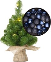 Mini sapin de Noël/sapin artificiel avec éclairage 45 cm et boules de Noël incluses bleu foncé - Décorations de Noël