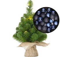 Mini kunst kerstboom - H45 cm - met verlichting en kerstballen - donkerblauw - kunstboom