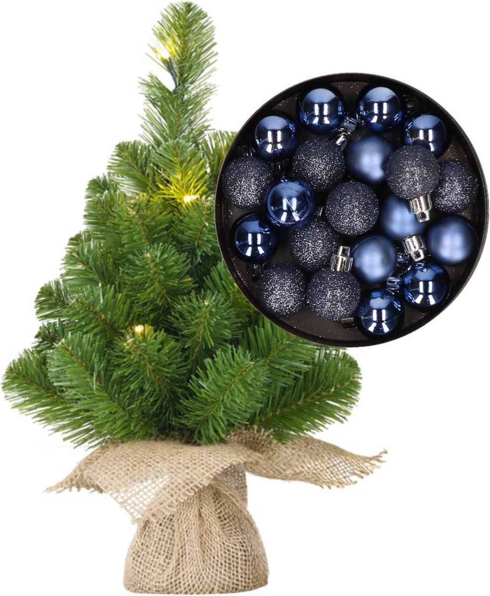 Mini kerstboom/kunstboom met verlichting 45 cm en inclusief kerstballen donkerblauw - Kerstversiering