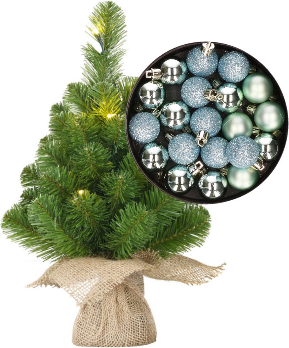 Mini kerstboom/kunstboom met verlichting 45 cm en inclusief kerstballen mintgroen - Kerstversiering