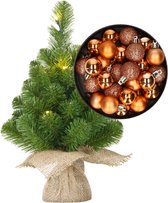 Mini sapin de Noël/sapin artificiel avec éclairage 45 cm et comprenant des boules de Noël en cuivre - Décorations de Noël