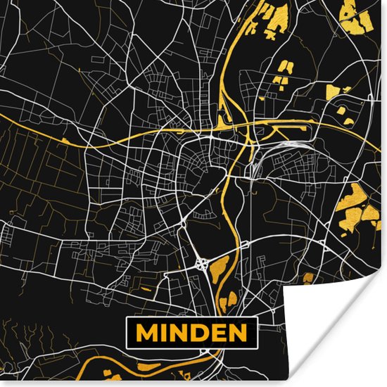Poster Goud – Duitsland – Plattegrond – Gold – Stadskaart – Kaart – Minden - 100x100 cm XXL