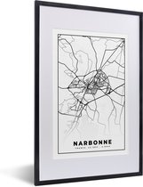 Fotolijst incl. Poster Zwart Wit- Plattegrond - Narbonne - Kaart - Frankrijk - Stadskaart - Zwart wit - 40x60 cm - Posterlijst