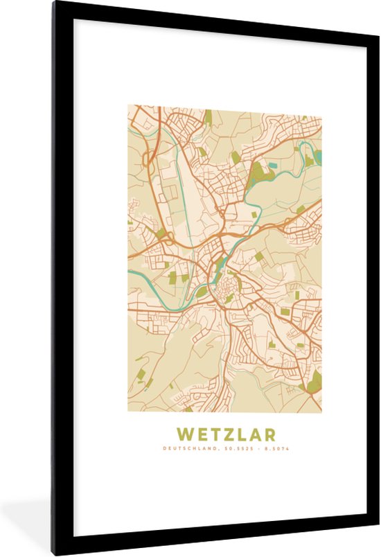 Fotolijst incl. Poster - Kaart - Wetzlar - Vintage - Plattegrond - Stadskaart - 60x90 cm - Posterlijst