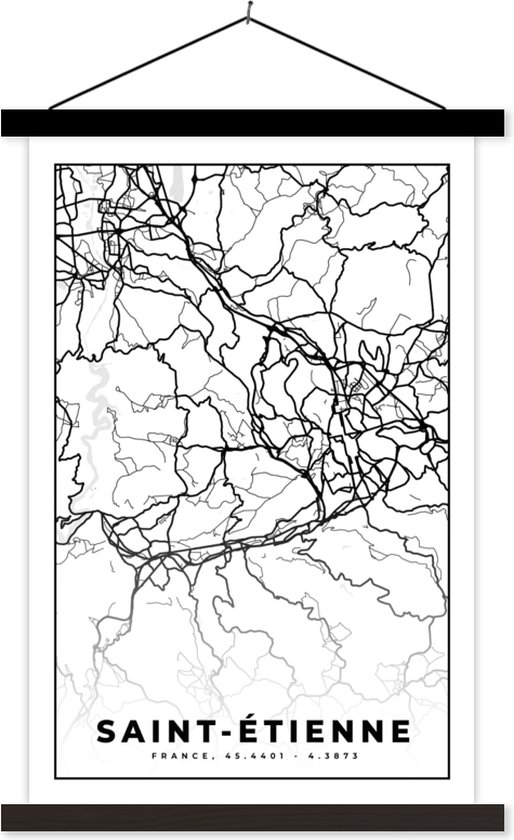 Porte-affiche avec Poster - Affiche scolaire - Plan de la ville - Saint-Étienne - Carte - Carte - France - Zwart et blanc - 60x90 cm - Lattes noires