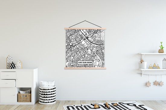 Porte-affiche avec Affiche - Affiche scolaire - Plan - Plan de ville - France - Carte - Ivry-sur-Seine - Zwart et blanc - 120x120 cm - Lattes vierges