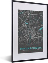 Fotolijst incl. Poster - Stadskaart – Plattegrond – Duitsland – Blauw – Braunschweig – Kaart - 40x60 cm - Posterlijst