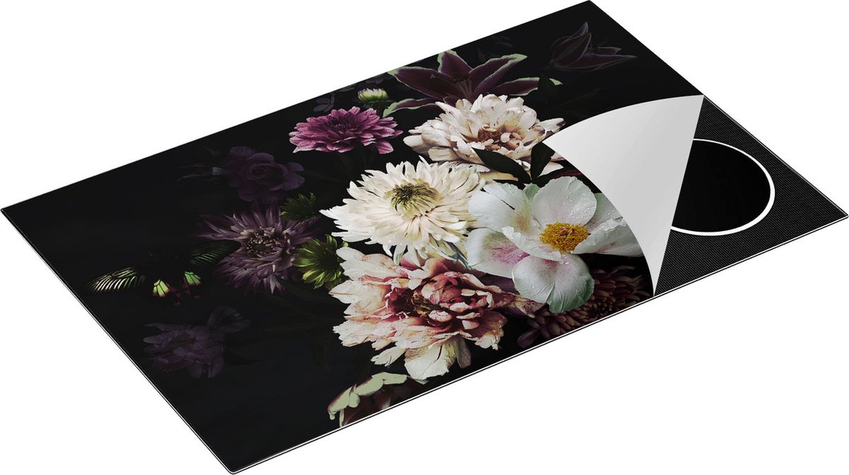 Chefcare Inductie Beschermer Diverse Bloemen op Zwart Achtergrond - 85x50 cm - Afdekplaat Inductie - Kookplaat Beschermer - Inductie Mat