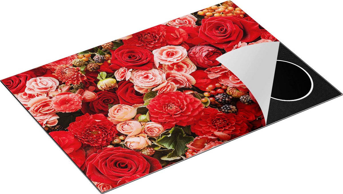 Chefcare Inductie Beschermer Rode en Roze Bloemen met Fruit - Abstract - 77x51 cm - Afdekplaat Inductie - Kookplaat Beschermer - Inductie Mat