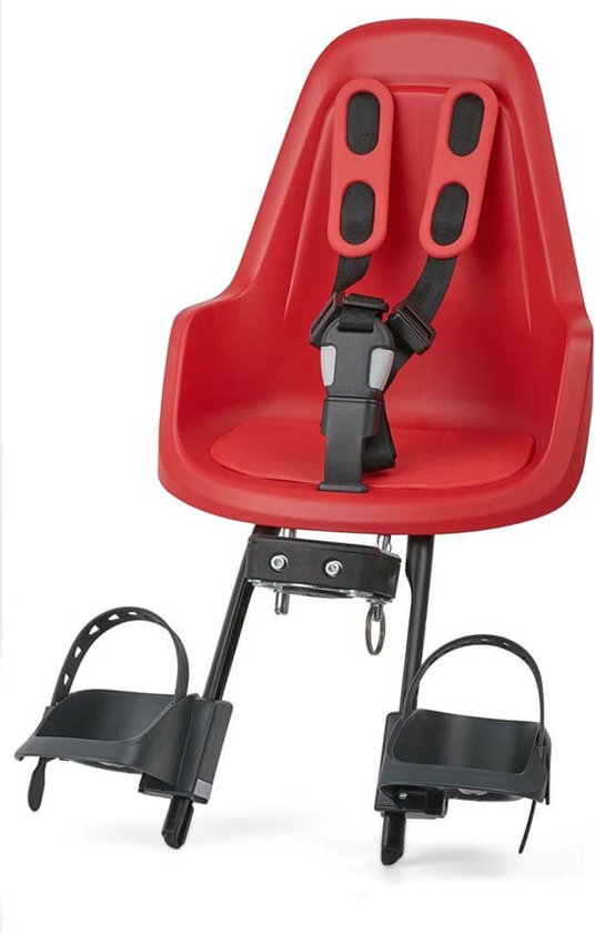 Rood Bobike One Mini fietsstoeltje met 5-puntsgordel en voetsteunen.