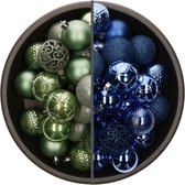 Bellatio Decorations Kerstballen mix - 74-delig - kobalt blauw en salie groen - 6 cm - kunststof