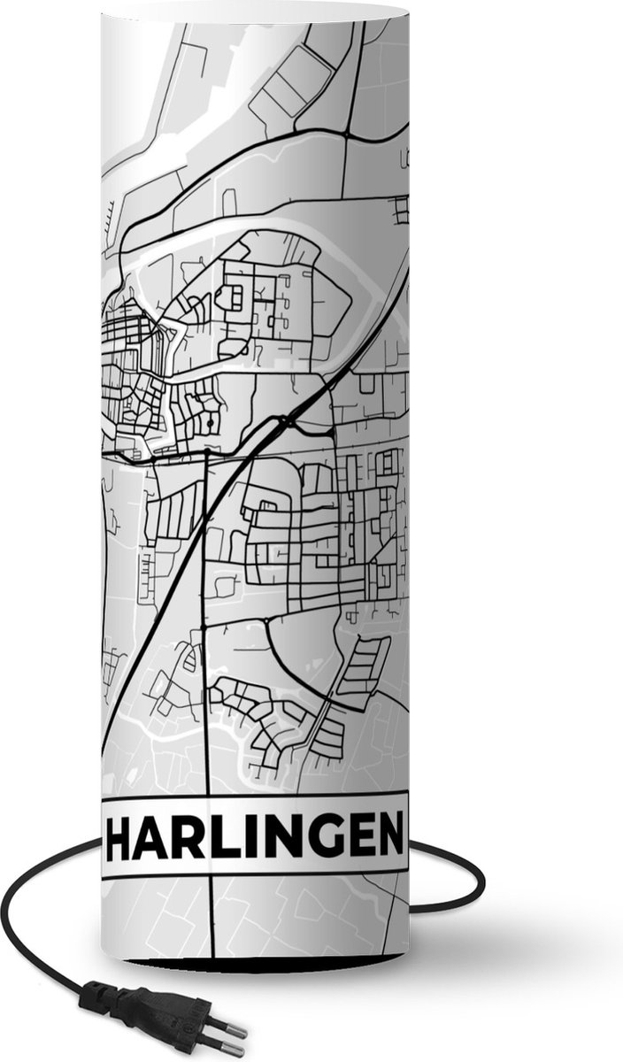 Lamp - Nachtlampje - Tafellamp slaapkamer - Stadskaart - Harlingen - Grijs - Wit - 60 cm hoog - Ø19.1 cm - Inclusief LED lamp - Plattegrond