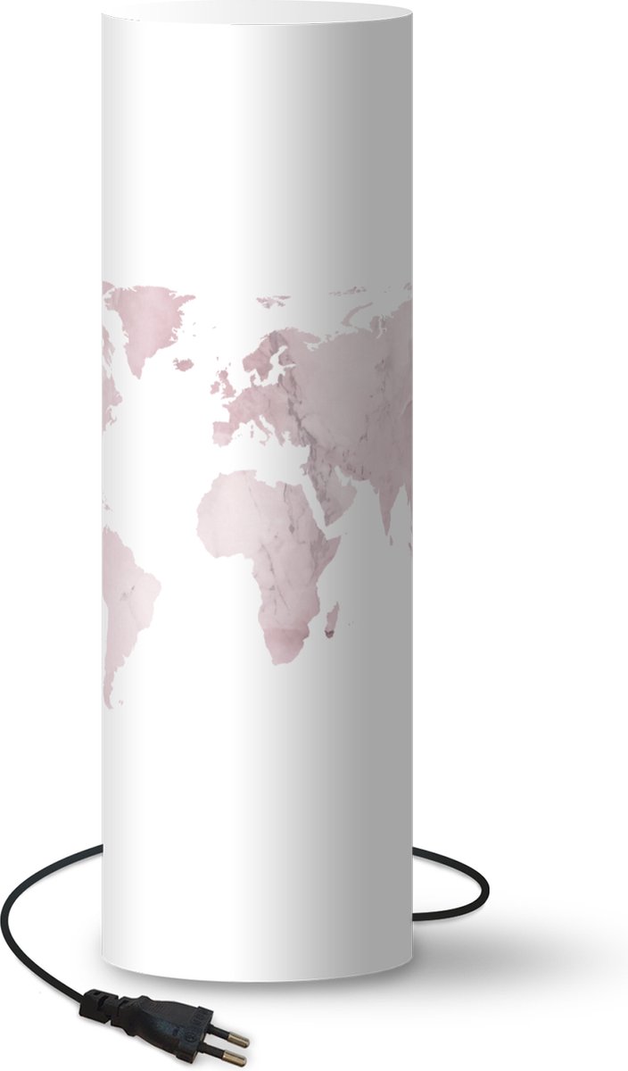 Lamp - Nachtlampje - Tafellamp slaapkamer - Wereldkaart - Marmer - Roze - 70 cm hoog - Ø22.3 cm - Inclusief LED lamp