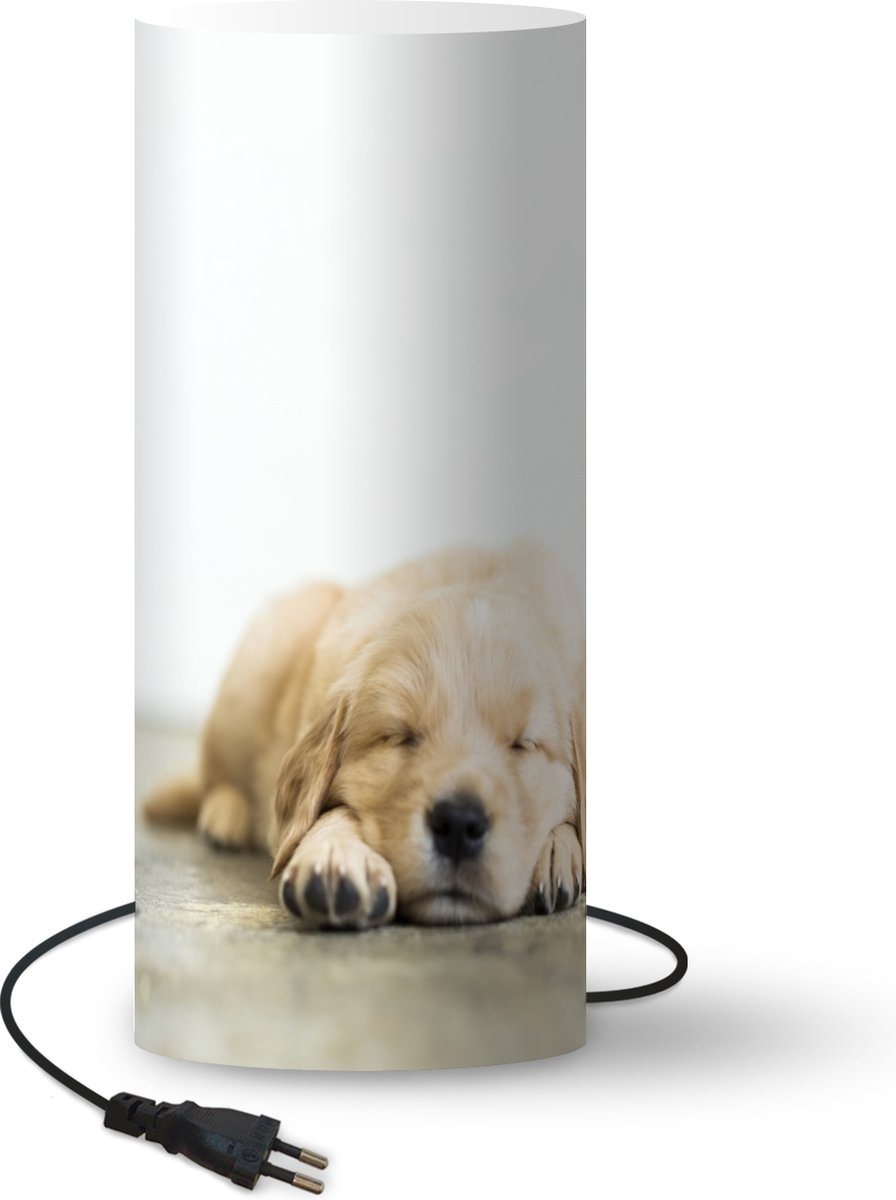 Lamp - Nachtlampje - Tafellamp slaapkamer - Slapende puppy op een houten vloer - 33 cm hoog - Ø14.3 cm - Inclusief LED lamp
