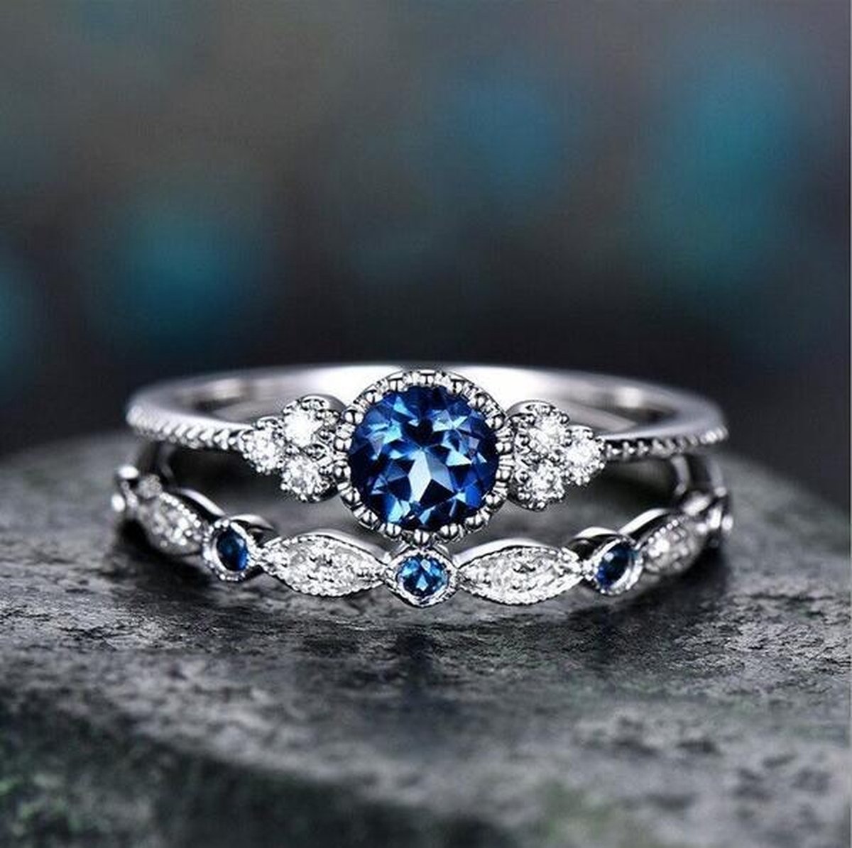 Ring blauwe steen (set) - Met edelsteen - Ring met steen dames - Ring maat 17 zilver kleurig staal - Maat 55 ring dames ringen set van 2 - Blauw