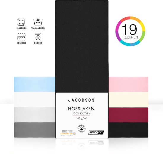 Jacobson PREMIUM - Jersey Hoeslaken - 160x200cm - 100% Katoen - tot 23cm matrasdikte - Zwart
