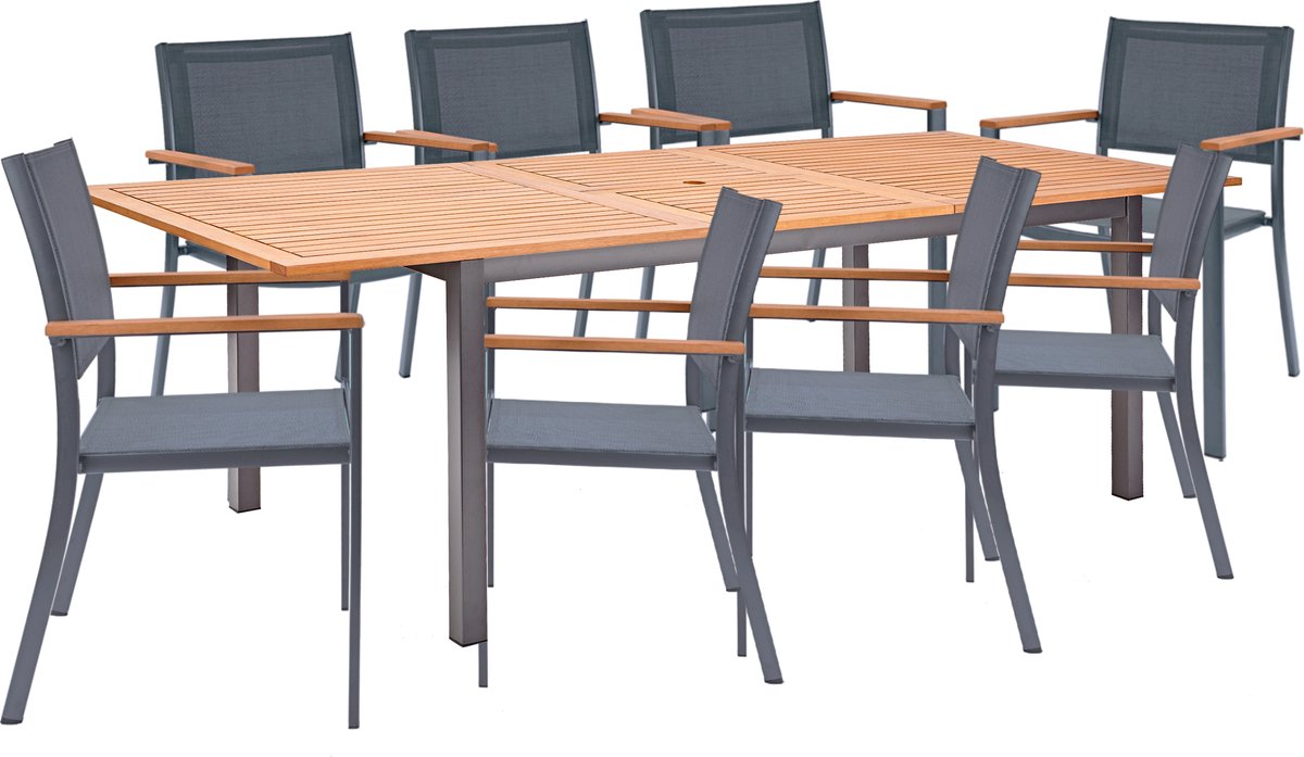 NATERIAL- Tuinmeubelset voor 8 personen - Tuintafel ORIS 180/240x100 cm - Uitschuifbare tafel - 8 tuinstoelen ORIS met armleuningen - Tuinfauteuil - Stapelbaar - Zitgroep - Aluminium - Textilene