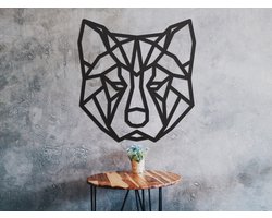 HOUTEN WANDDECORATIE / WOODEN WALL DECORATION - GEOMETRISCHE MUURDECORATIE / GEOMETRIC WALL ART - AKITA INU / SHIBA - 92 x 96cm - ZWART / BLACK - ORIGAMI DESIGN WANDFIGUUR - ECHT HOUT - REAL WOOD - HONDEN / DOGS